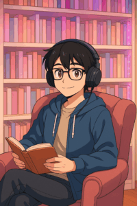 Leser vor Bücherregal in Manga-Optik