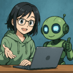 Junge Frau nutzt künstliche Intelligenz_Manga-Stil