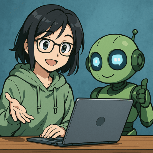 Junge Frau nutzt künstliche Intelligenz_Manga-Stil