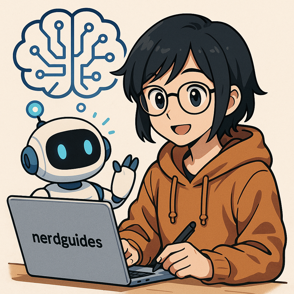 Künstliche Intelligenz bei nerdguides_Roboter und junge Frau am Laptop in Manga-Optik